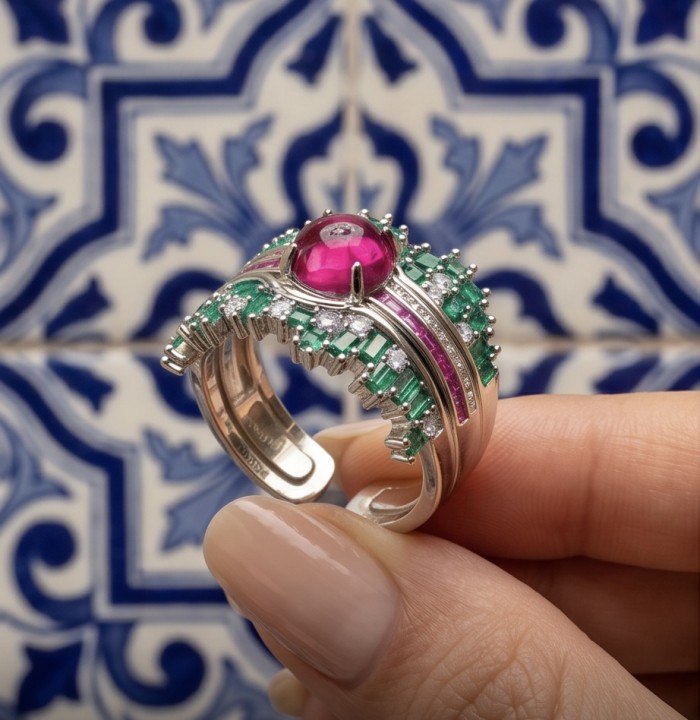 Blooming Garden 3.8 carat Mozambique Ruby rhodium over .925 Sterling Silver handmade Statement Ring size 7 - Side view of Blooming Garden ruby ring with emerald and diamond accents