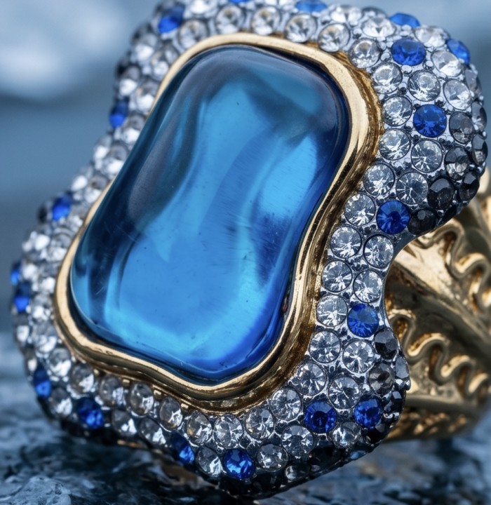 Blue Rhapsody - 18.5 carat natural Swiss Blue Topaz .925 Sterling Silver dipped in 22K Gold handcrafted Large Statement Ring size 7 1/2 - Close-up of Blue Rhapsody ring with topaz and gemstones.