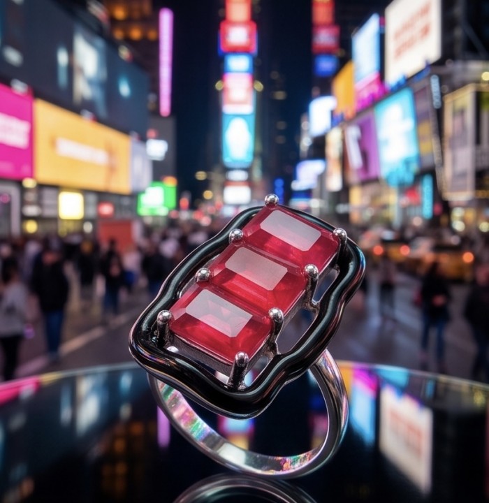 Art Deco 4.2 carat Ruby black enamel .925 Sterling Silver handcrafted Ring s. 7 - Close-up of Art Deco ruby ring with black enamel in a city setting.