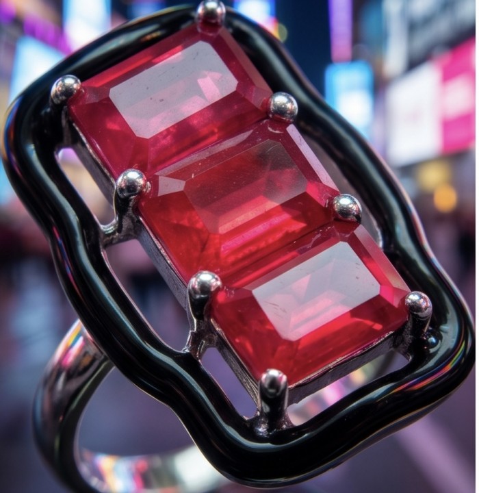 Art Deco 4.2 carat Ruby black enamel .925 Sterling Silver handcrafted Ring s. 7 - Close-up of Art Deco 4.2 ct Ruby ring with black enamel and silver setting.