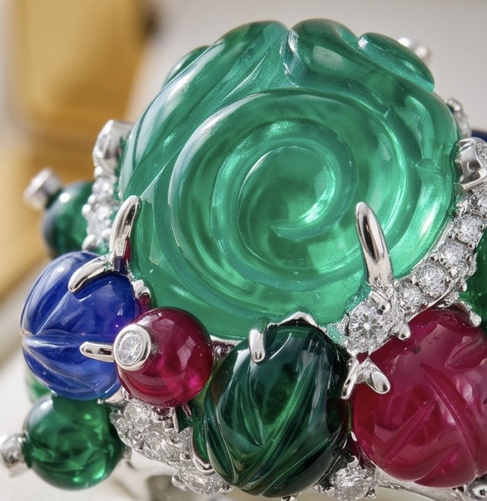 Large Natural 41.5 carat carved Emerald Ruby Sapphire rhodium over .925 Sterling Silver handcrafted ring size 8 1/4 - Close-up of carved emerald, ruby, sapphire, and diamond jewelry piece.