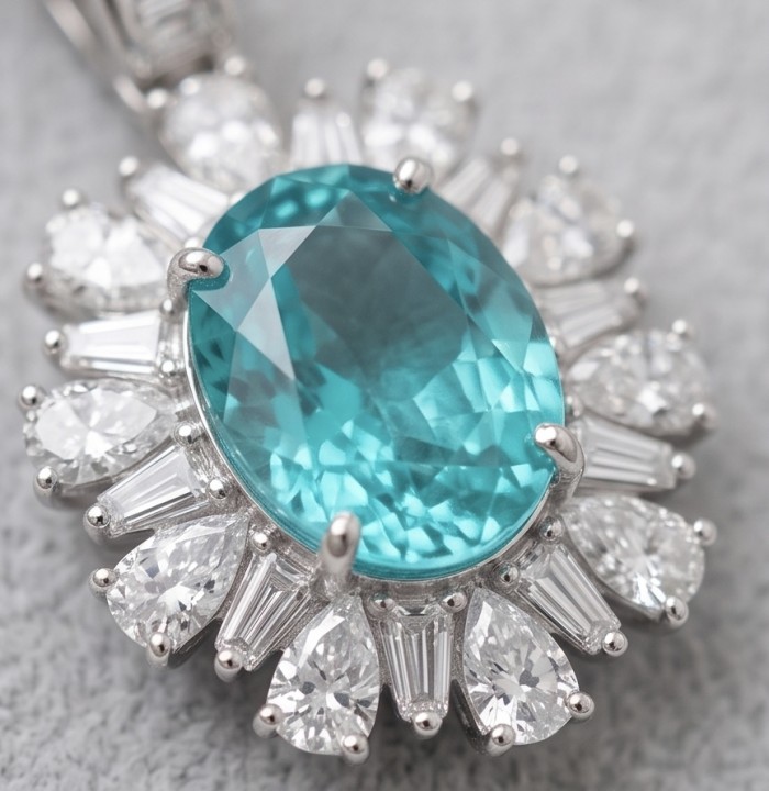 Wonderland 6.2 carat fancy oval cut Paraiba Tourmaline .925 Sterling Silver Handcrafted Statement necklace - Close-up of Wonderland 6.2 carat oval Paraiba Tourmaline pendant.