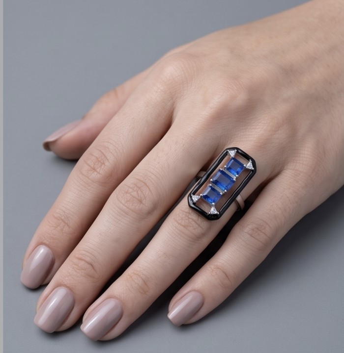 Art Deco 6.2 carat Sapphire black enamel .925 Sterling Silver handcrafted Ring size 7 1/2 - Art Deco sapphire ring on hand, highlighting black enamel and stones.