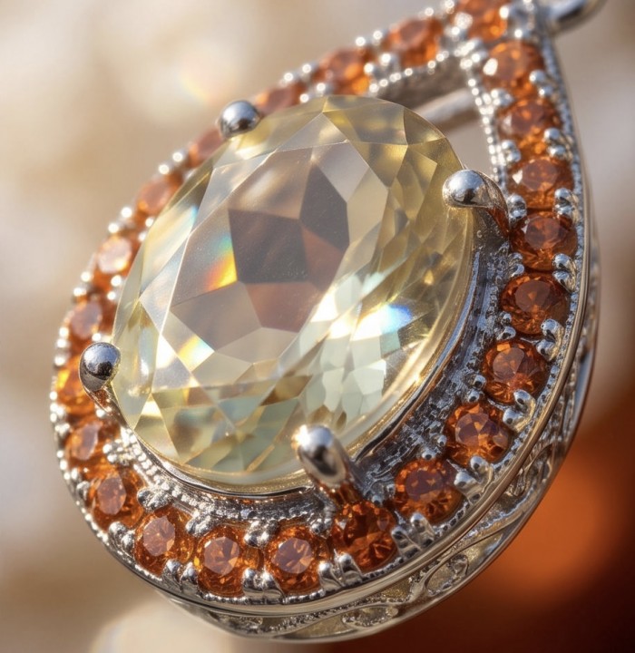 Giovanna Authentic 12.5 carat Brazilain Citrine .925 Sterling Silver dipped in Rhodium over brilliantly handcrafted earrings - Close-up of citrine pendant with orange stones and intricate silver setting.