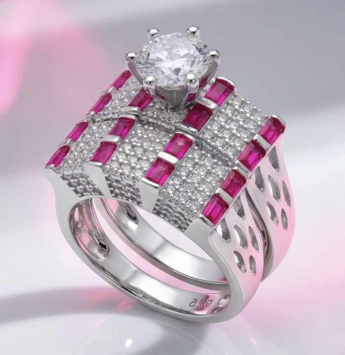Extravaganza White Topaz Ruby .925 Sterling Silver brilliantly handcrafted stack up ring s. 6 - Close-up of Extravaganza White Topaz Ruby Sterling Silver ring design