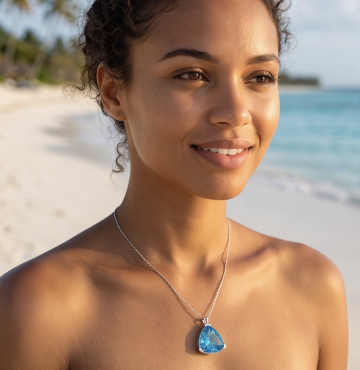 Trillion cut 28.5 carat Vintage style Swiss Blue Topaz .925 Sterling Silver DIPPED IN RHODIUM handmade Pendant - Woman wearing a trillion cut Swiss Blue Topaz necklace on the beach