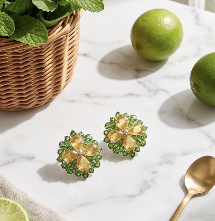 Vivien Luxurious Style - Natural 22.2 carat Citrine .925 Sterling Silver dipped in rhodium handmade earrings - Top view of citrine and green gemstone earrings on marble surface