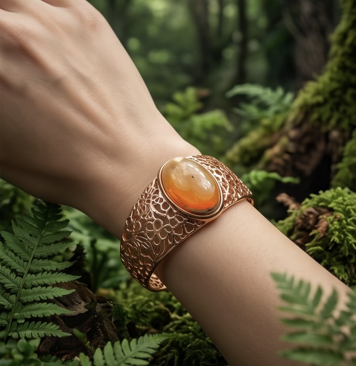 Authentic 25.5 carat Golden Mexican Opal handmade 18K Rose Gold over .925 Sterling Silver Bracelet / Cuff - Close-up of golden Mexican opal bracelet on wrist in nature setting.