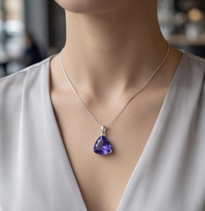 Fancy Trillion Cut Perfect 20.5 carat natural Tanzanite .925 Sterling Silver handcrafted Pendant - Tanzanite pendant worn on neck, silver chain, soft lighting.