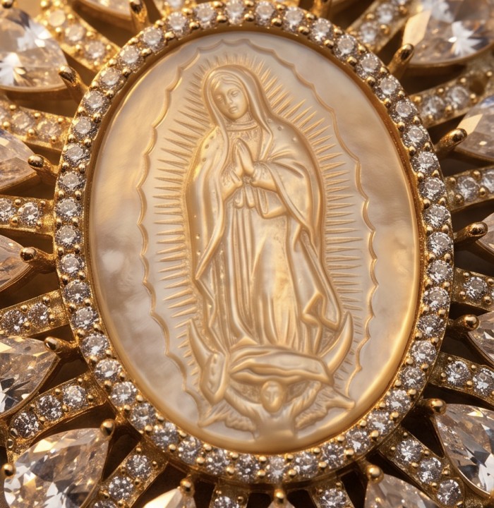 Virgin MARY Precious Blister Pearl 18K Gold over .925 Sterling Silver Necklace - Close-up of Virgin Mary pendant in gold with diamond accents.
