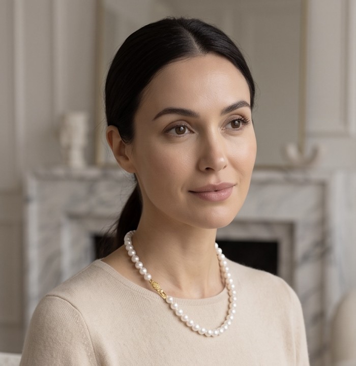 Top quality Natural fresh water pearl 10K Gold over .925 Sterling Silver handcrafted necklace - Woman wearing pearl necklace with gold clasp, side view.