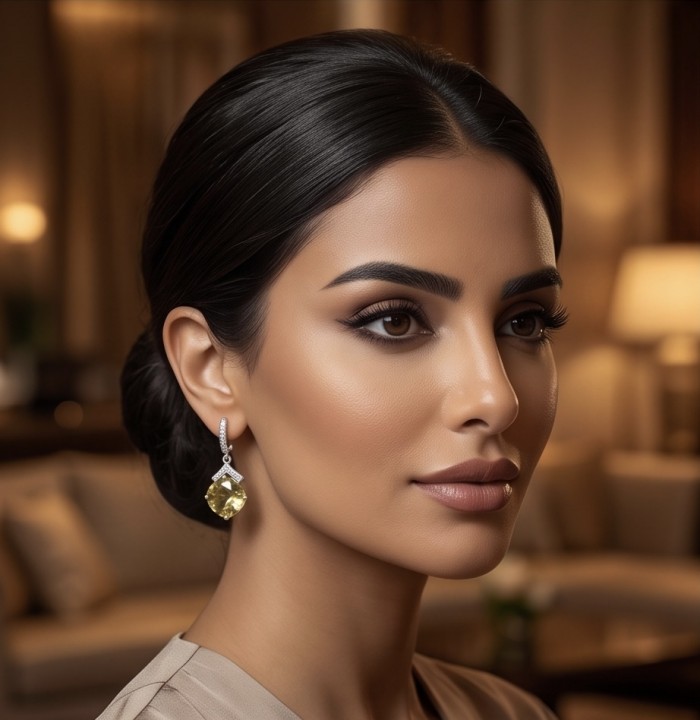 Giovanna 14.5 carat Champagne Smoky Topaz Rhodium over .925 Sterling Silver handmade Statement Earrings - Woman wearing Giovanna 14.5 carat Champagne Topaz earrings, side view.