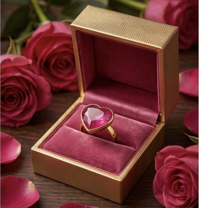 Angel's Heart Natural heart shape 18.7 carat Ruby .925 Sterling Silver dipped in 22K Gold handmade Statement Ring size 6 1/4 - Heart-shaped ruby ring in gold box with roses and petals nearby