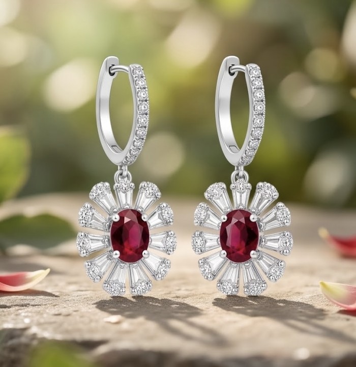 Giovanna - 4.5 carat Ruby .925 Sterling Silver handcrafted incredible earrings - Close-up of ruby and sterling silver earrings on a natural background.