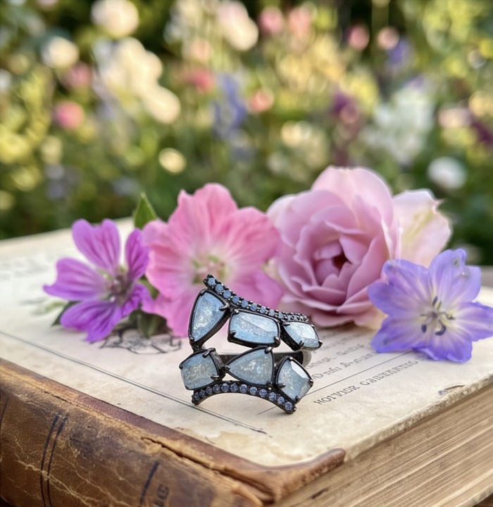 Blue Cascade 7.5 carat Rainbow Moonstone black rhodium over .925 Sterling Silver handmade ring s. 7 - Blue Cascade ring with rainbow moonstones on book, surrounded by flowers.