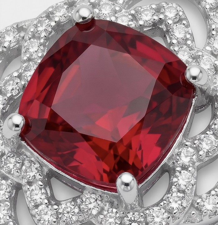 Genuine 4.8 carat Ruby rhodium over .925 Sterling Silver handcrafted Statement Pendant - Close-up of genuine 4.8 carat ruby in rhodium over sterling silver setting.
