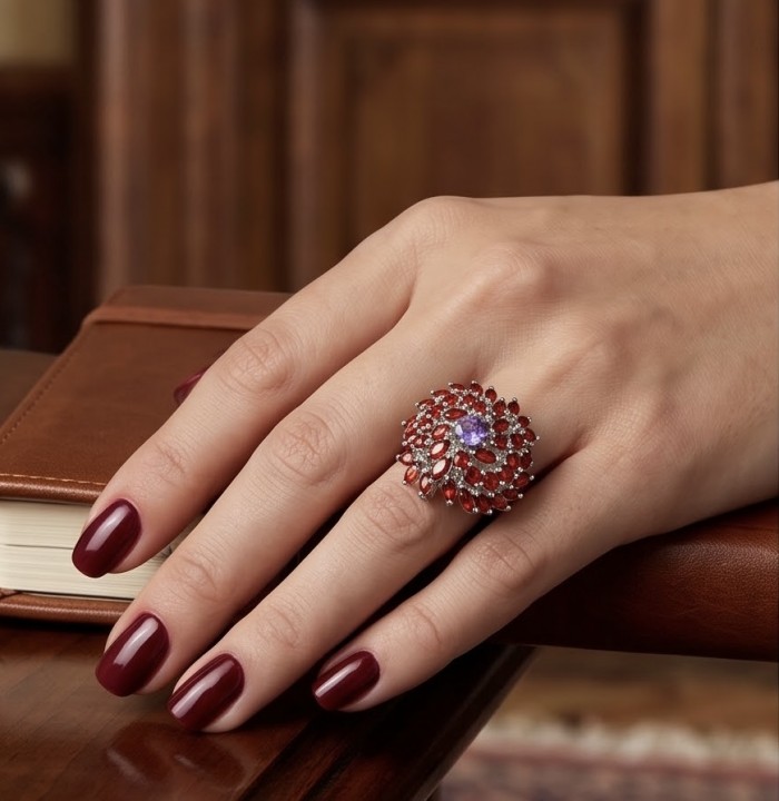 Clementine - Precious 32.5 carat Multigem .925 Sterling Silver dipped in rhodium handcrafted Statement Ring size 7 - Worn on hand; Clementine 32.5 carat multigem sterling silver ring.