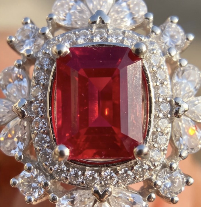 Claudia 4.5 carat Ruby .925 Sterling Silver handcrafted incredible ring s. 8 1/4 - Close-up of Claudia 4.5 carat ruby in sterling silver setting.