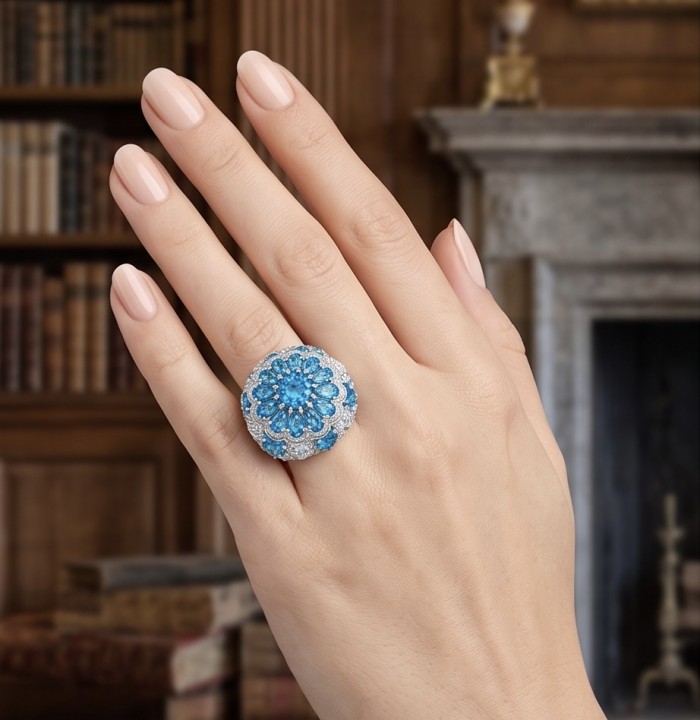 Blue Cascade Natural 14.8 carat Swiss Blue Topaz .925 Sterling Silver dipped in rhodium handmade Large Statement Ring size 6 1/4 - Blue Topaz ring worn on hand, showcasing intricate design.