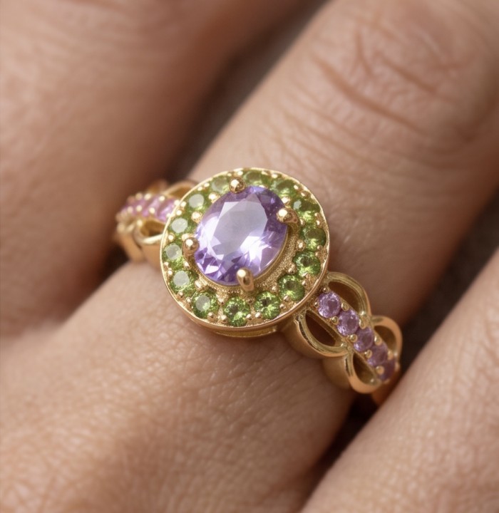 Emily 3.8 carat Amethyst 18K Gold over .925 Sterling Silver Handcrafted Ring size 11 - Close-up of Emily amethyst ring worn on hand, gold and silver detail.