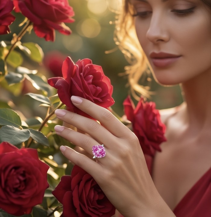 Isabella 10.2 carat Hot Pink Topaz .925 Sterling Silver Perfectly handcrafted Statement Ring size 7 - Woman wearing Isabella 10.2 carat pink topaz ring amidst roses.