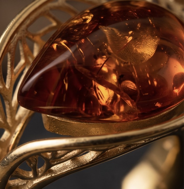 Authentic Baltic Amber 14K Gold over .925 Sterling Silver handcrafted ring; s. 7 adjustable - Stone close-up of Baltic amber in 14K gold over sterling silver setting.