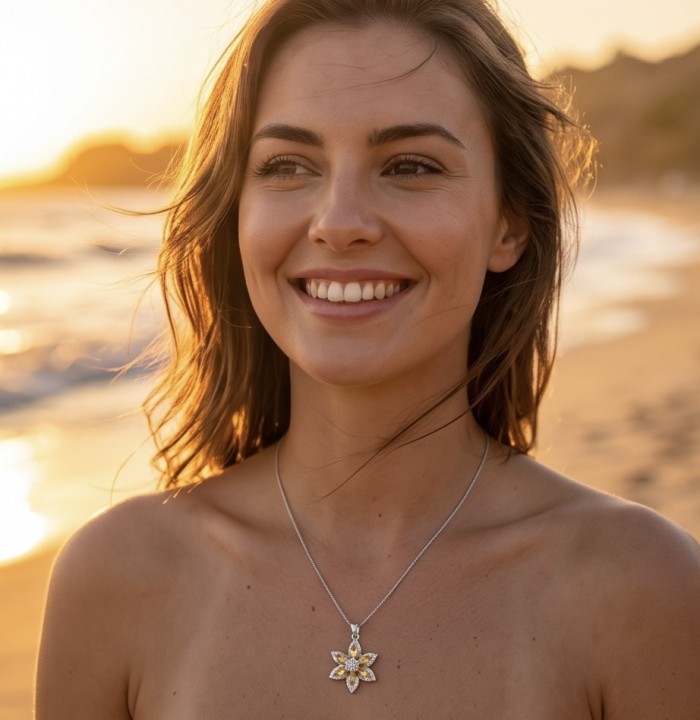 Vivien Luxurious Style - Natural 8.2 carat Citrine .925 Sterling Silver dipped in Rhodium handmade pendant - Woman wearing Vivien Luxurious Style necklace on the beach at sunset