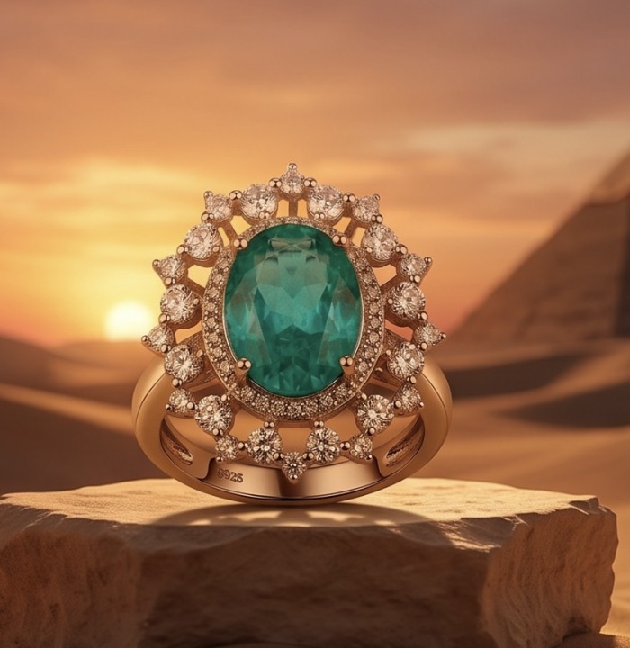 Elizabeth 14.2 carat Colombian Emerald .925 Sterling Silver dipped in Rhodium handcrafted Ring size 8 - Close-up of Elizabeth ring with emerald in sunset background.