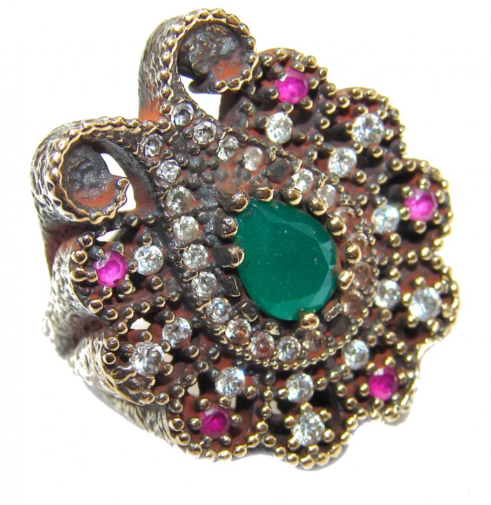 Victorian Style created Emerald & White Topaz Copper over Sterling Silver ring; s. 5 1/4 - photo 1