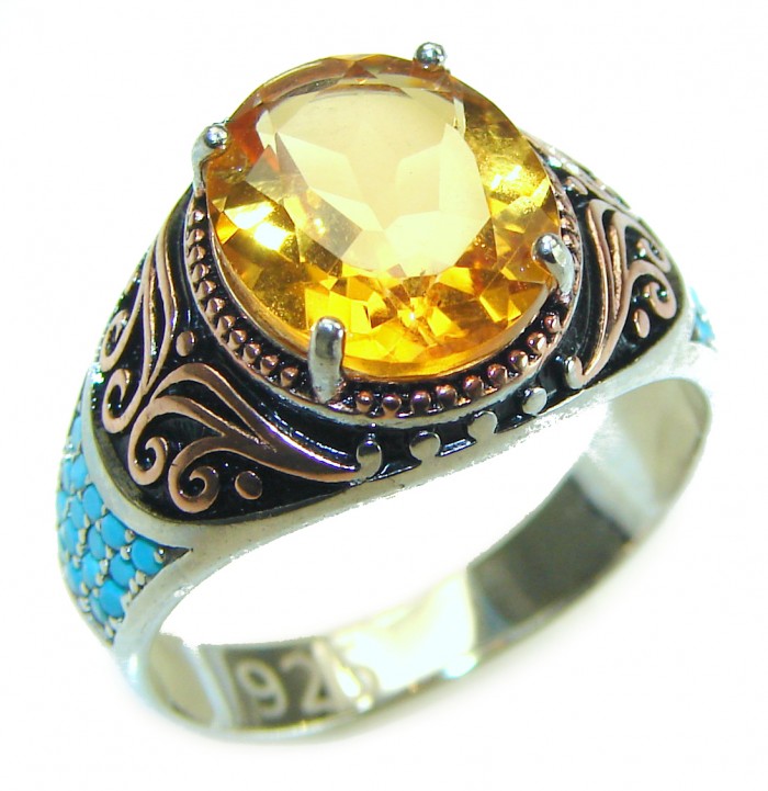 Genuine Citrine Turquoise .925 Sterling Silver handmade Cocktail Ring s. 9 1/4 - photo 3