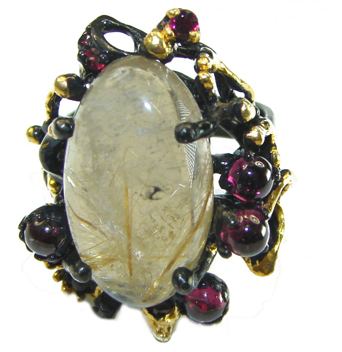 Large Best quality Golden Rutilated Quartz black rhodium over .925 Sterling Silver handcrafted Ring Size 8 1/2 - photo 2