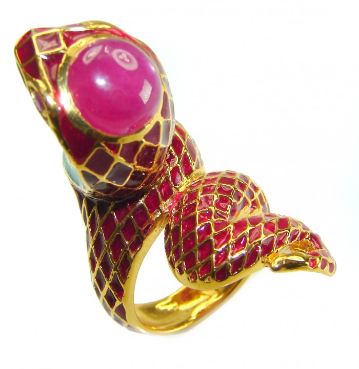 Red Cobra Snake Ruby Enamel 18K Gold over .925 Sterling Silver Huge handcrafted Ring s. 7 - photo 3