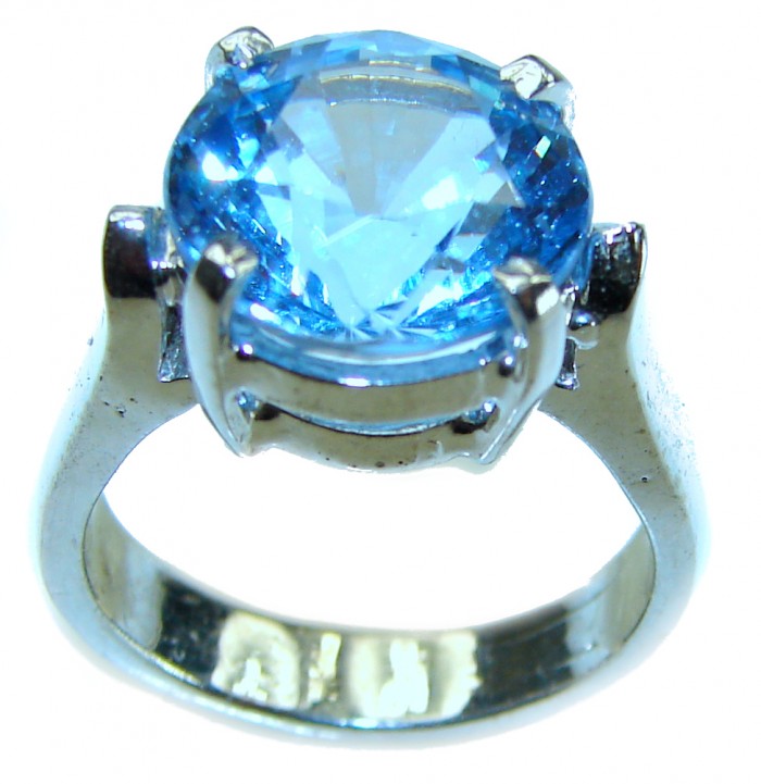 Blue Planet 8.5 carat Fancy round cut Swiss Blue Topaz .925 Sterling Silver handmade Ring size 6 - photo 2