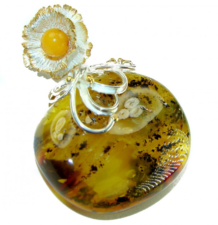 The King of the Sea Giant Authentic Golden Baltic Amber 18K Gold over .925 Sterling Silver handmade Pendant - photo 4