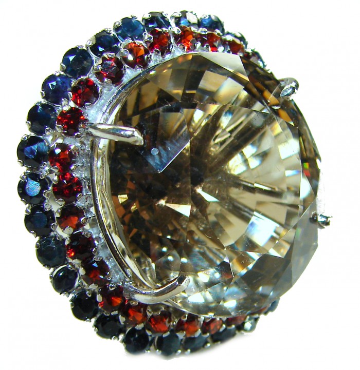 Celestial Energy 40.5 carat Champagne Smoky Topaz .925 Sterling Silver Oversized Ring size 7 1/4 - Close-up of Celestial Energy Champagne Smoky Topaz ring.