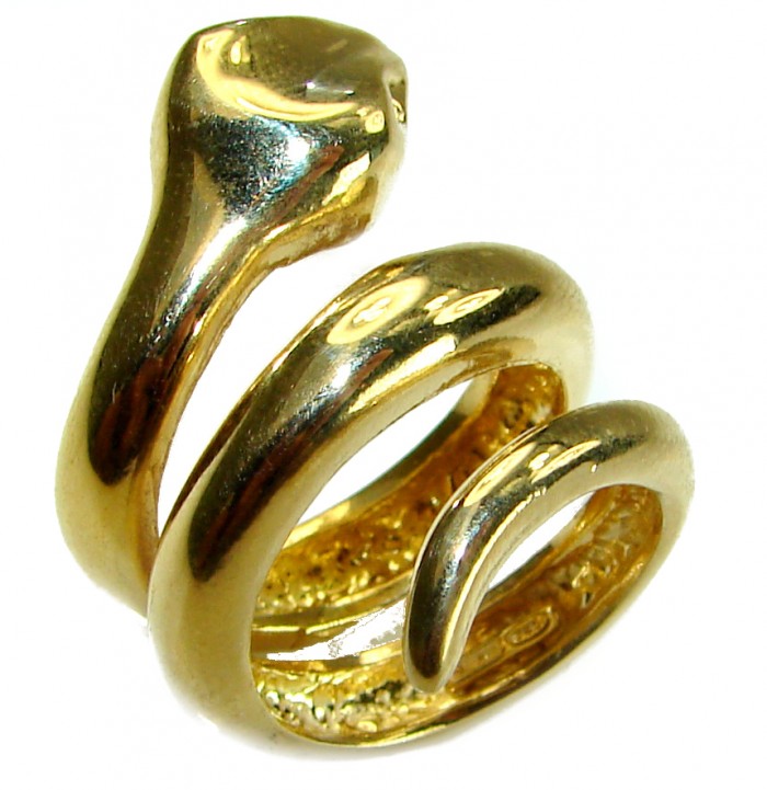 Large Golden Boa Snake 18K Gold over .925 Sterling Silver handcrafted Statement SPINAL Ring size 6 3/4 - Gold snake ring in spiral design, close-up view.
