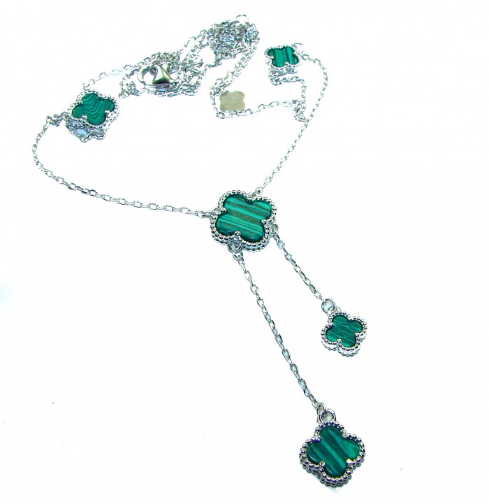 Outstanding authentic inlay Malachite Lucky Four Leaf Clover .925 Sterling Silver necklace - Necklace with malachite four-leaf clover pendants, full view.