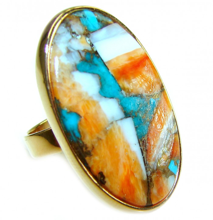 Rare 29.5 carat Oyster Turquoise 18K Gold over .925 Sterling Silver handcrafted Large ring; s. 7 adjustable - Close-up of rare Oyster Turquoise ring with 18K gold over sterling silver