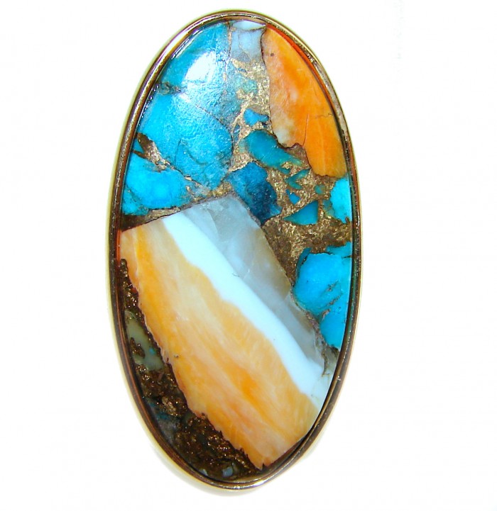 Blessed with Abundance 39.5 carat Oyster Turquoise 18K Gold over .925 Sterling Silver handcrafted Large ring; s. 8 adjustable - Stone close-up of Oyster Turquoise set in 18K gold.