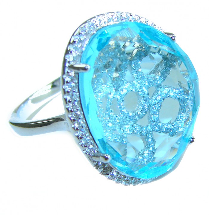 Eau Pure 11.5 carat Swiss Blue Topaz .925 Sterling Silver handmade Statement Ring size 9 - Blue topaz ring, side view, with diamond accents in sterling silver.