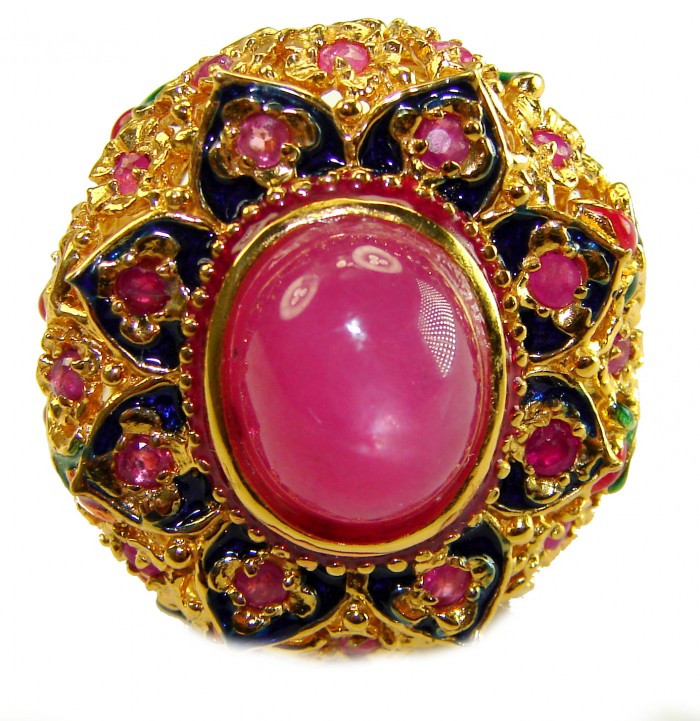 Divine Creation 10.5 carat Mozambique Star Ruby Enamel 18K Gold over .925 Sterling Silver Huge handcrafted Ring s. 7 3/4 - Star Ruby ring close-up, ornate gold and enamel design, 10.5 carat