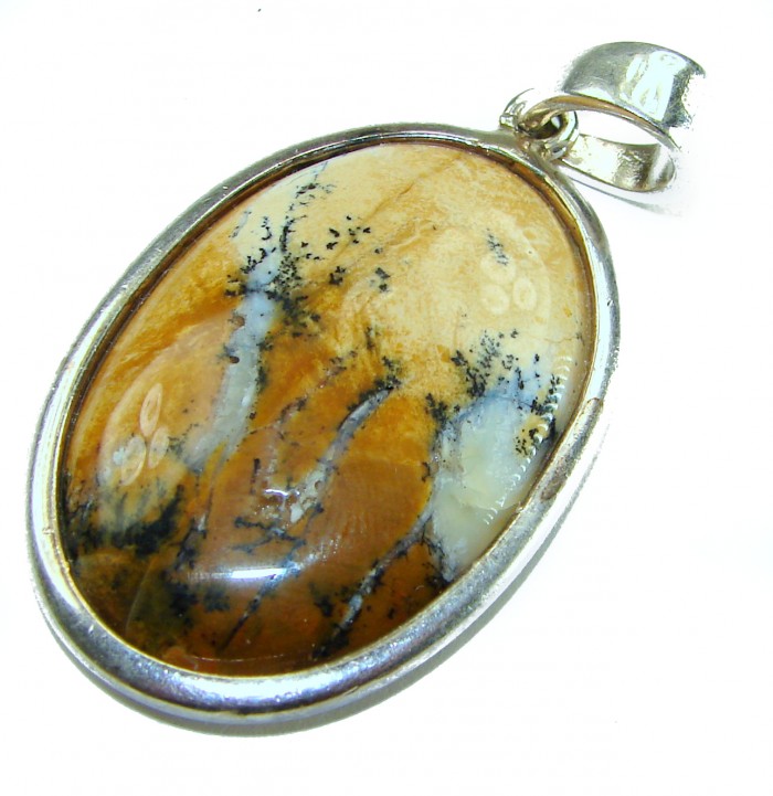 Top quality Picture Jasper .925 Sterling Silver handmade Pendant - Oval Picture Jasper pendant in sterling silver setting, close-up view.