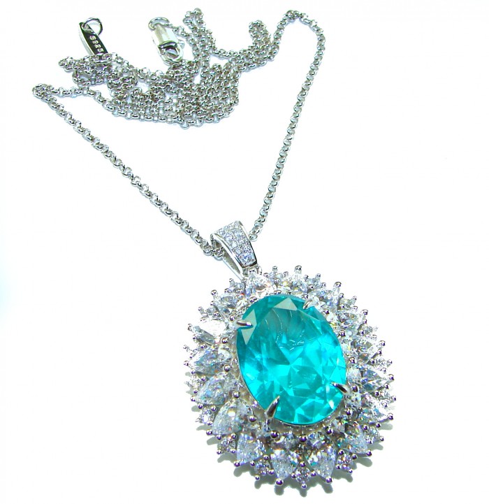 Wonderland 18.5 carat fancy oval cut Paraiba Tourmaline .925 Sterling Silver Handcrafted Statement necklace - Paraiba Tourmaline necklace with diamond halo, top view.