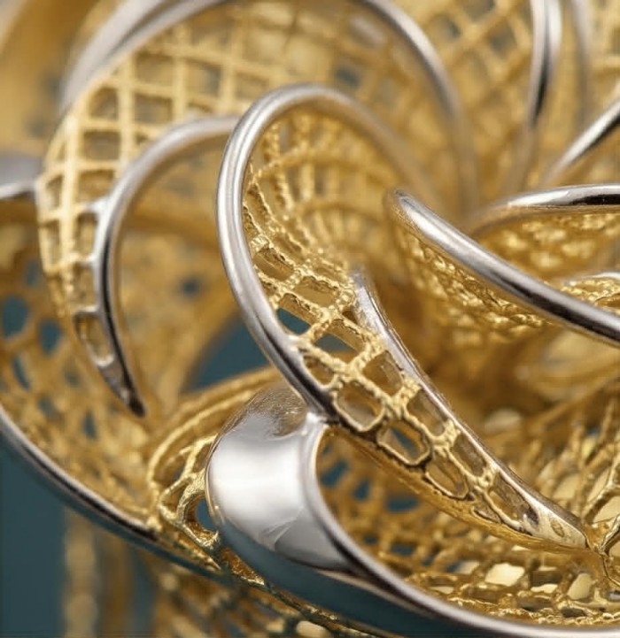 Dubai Style - .925 Sterling Silver dipped in 22K Gold handmade Large ring size 6 - Close-up of intricate gold and silver jewelry details.