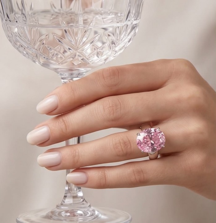 Tiffany - authentic 14.5 carat Pink Sapphire .925 Sterling Silver Handcrafted Statement Ring size 8 - Pink sapphire ring on hand holding a crystal glass, close-up view.