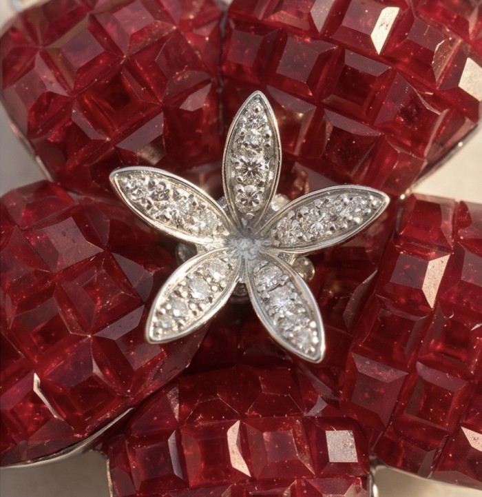 Red Flower Luxurious mystery setting natural 12.5 carat Ruby .925 Sterling Silver handmade Statement necklace - Close-up of red flower jewelry with diamond center, mystery setting.