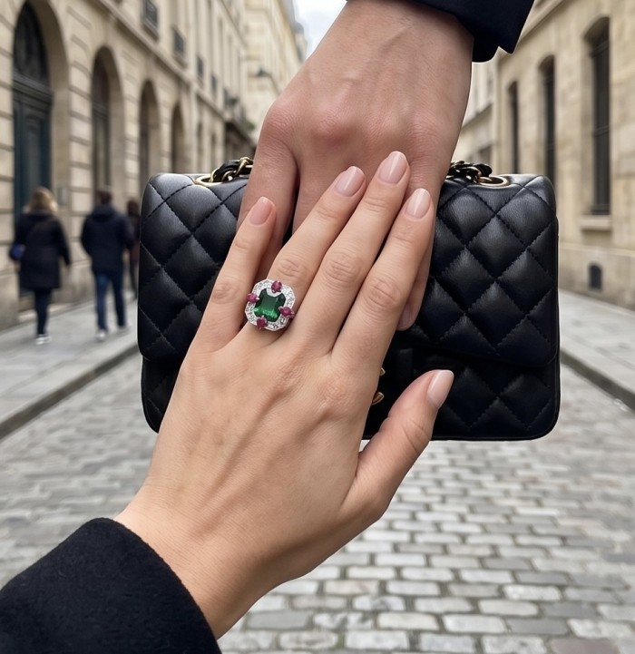 Art Deco 8.6 ctw Emerald .925 Sterling Silver handcrafted Statement Ring size 7 1/4 - Emerald ring worn on hand, holding a black quilted handbag.