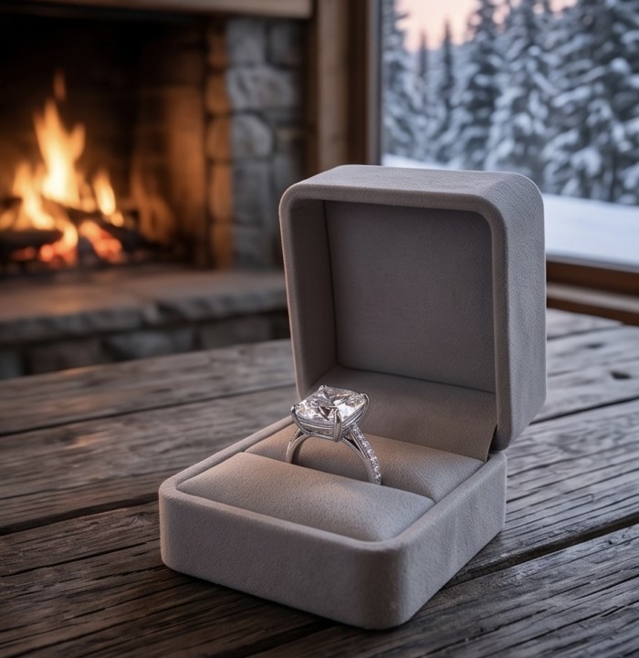 Giovanna - Precious assher cut 17.5 carta White Topaz rhodium over .925 Sterling Silver Statement ring size 7 1/4 - Ring in box by fire, showcasing asscher-cut white topaz and band detail.