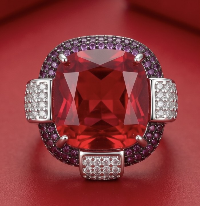 Art Deco 18.6 ctw Red Topaz 3.2 carat pave Ruby .925 Sterling Silver handcrafted Statement Ring size 8 adjustable - Close-up of Art Deco ring with red topaz and rubies on red background