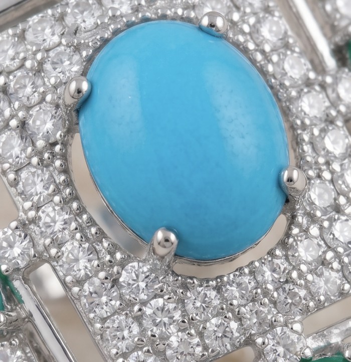 Art Deco - Pacifica - 18.4 carat Turquoise Emerald .925 Sterling Silver handmade Statement ring s. 8 adjustable - Close-up of turquoise stone with diamond accents in Art Deco setting